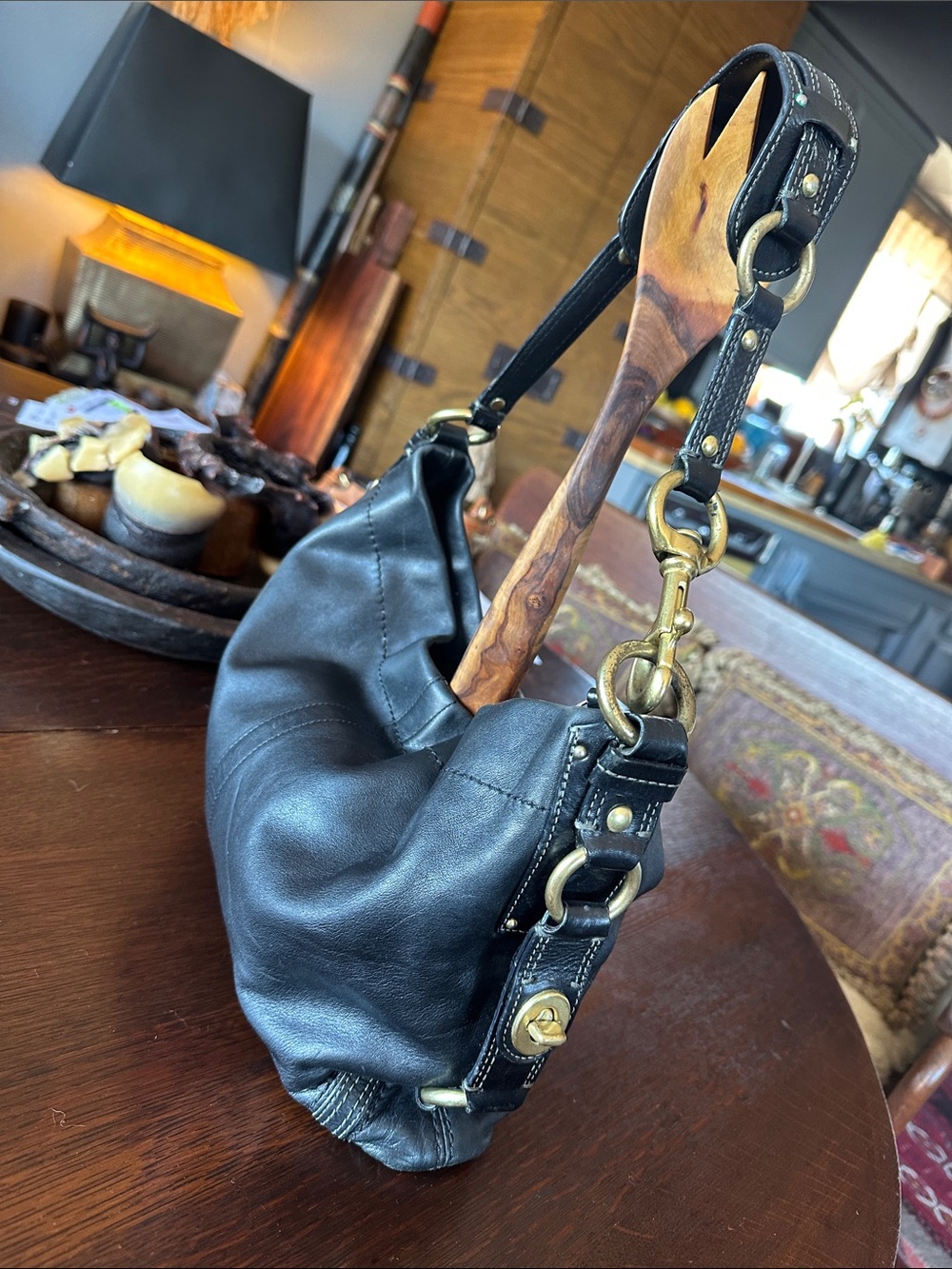 Coach CARLY Black Leather Hobo with lots of cool Brass Hardware. Elegant luxury - Picture 6 of 16